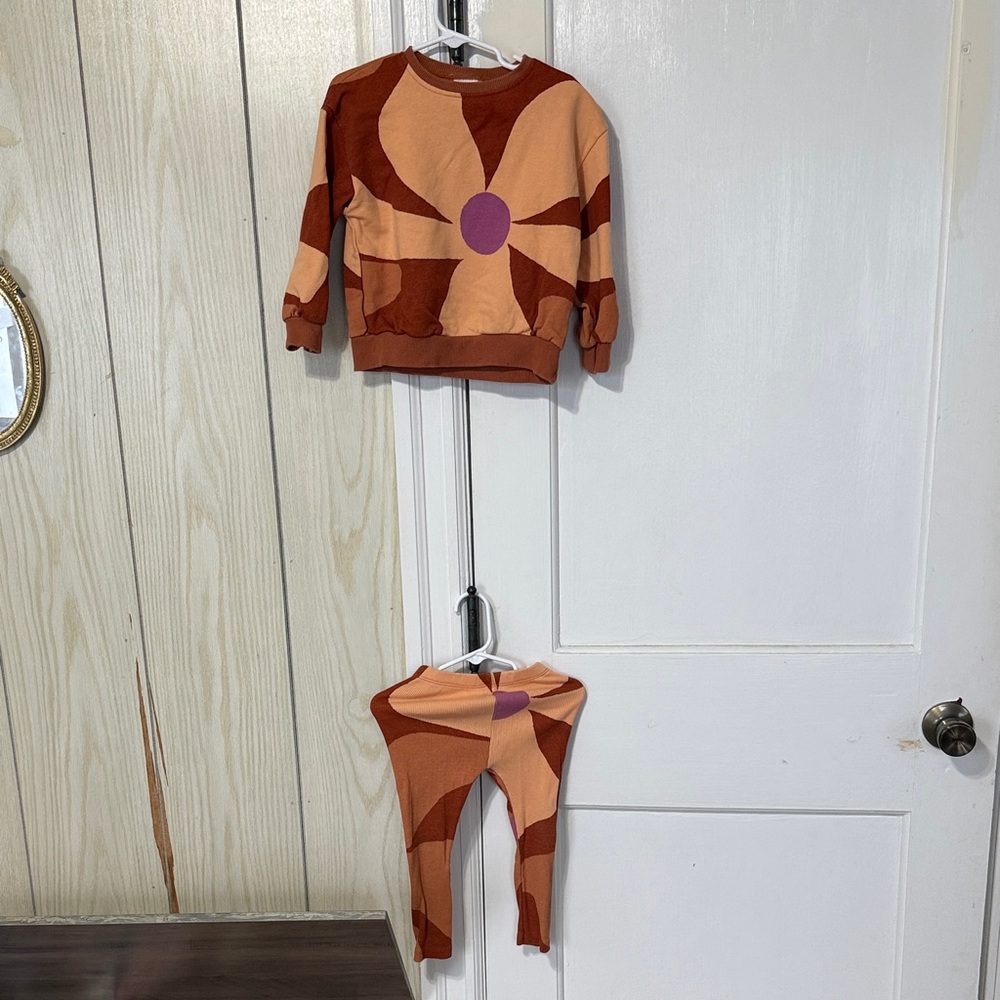 Zara Geometric Patterned Kids' Set in Orange and Brown